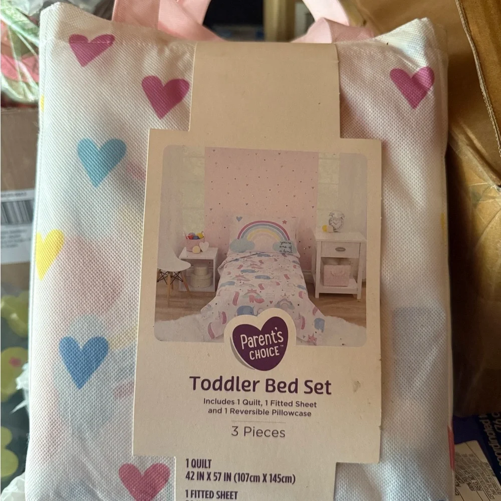 Parent's Choice Heart Pattern Toddler Bed Set - Pink, Blue, Yellow